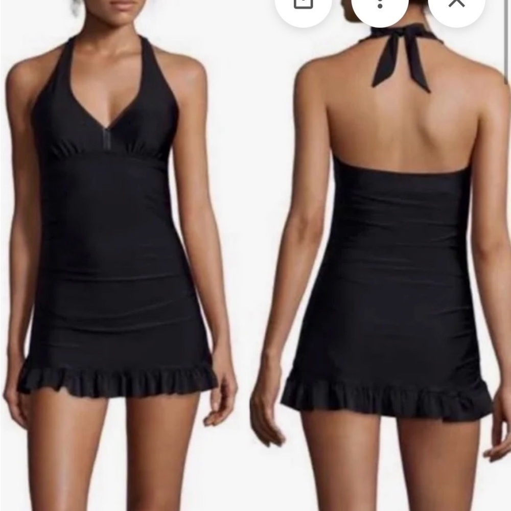 Spanx Assets by Sara Blakely One Piece Black Ruffle Halter Swim Dress L - Picture 9 of 9